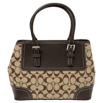 Pre Owned Coach Brown Signature Canvas and Leather Hampton Tote