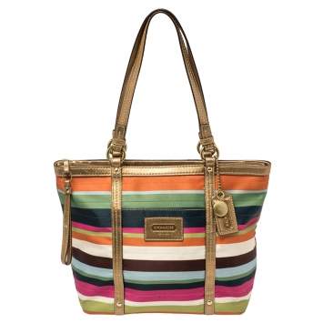 Pre Owned Coach Multicolour Satin and Leather Striped Legacy Tote