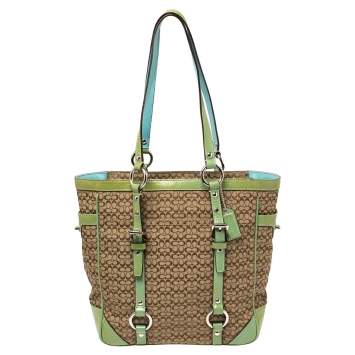 Pre Owned Coach Brown Signature Canvas and Green Patent Leather Tote