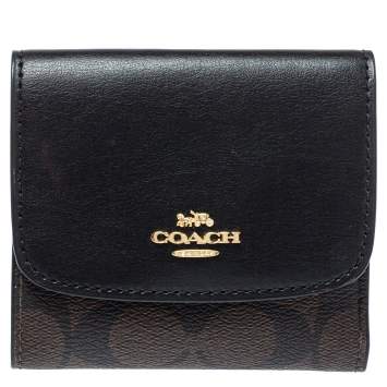 Pre Owned Coach Brown/Black Coated Canvas and Leather Trifold Wallet