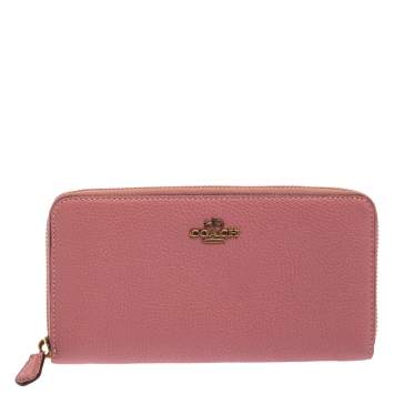Pre Owned Coach Pink Leather Zip Around Wallet