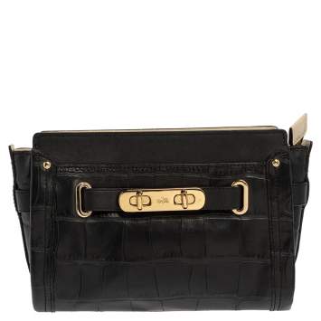 Pre Owned Coach Black Croc Embossed Leather Shoulder Bag