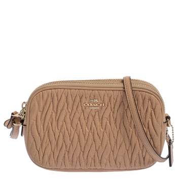 Pre Owned Coach Beige Gathered Leather Double Zip Camera Crossbody Bag