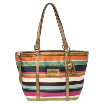 Pre Owned Coach Multicolor Satin and Leather Striped Legacy Tote