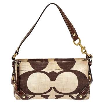 Pre Owned Coach Brown/Cream Signature Canvas and Leather Baguette