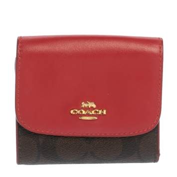 Pre Owned Coach Red/brown Signature Coated Canvas and Leather Flap Compact Wallet