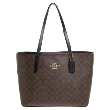 Pre Owned Coach Brown/Black Signature Coated Canvas Avenue Tote