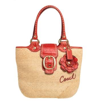 Pre Owned Coach Beige/Burnt Orange Raffia and Leather Buckle Flap Shoulder Bag