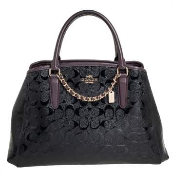 Pre Owned Coach Burgundy/Black Signature Coated Canvas and Leather Margot Satchel