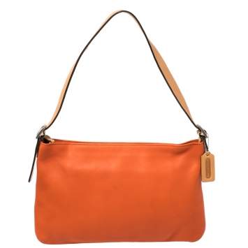 Pre Owned Coach Orange/Beige Leather Zip Slim Shoulder Bag