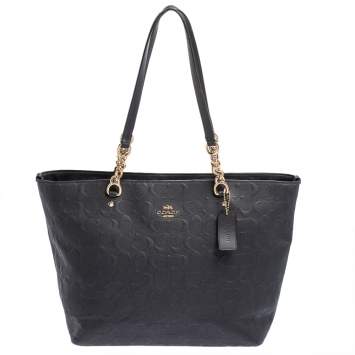 Pre Owned Coach Navy Blue Embossed Leather Sophia Chain Tote