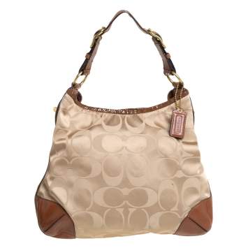 Pre Owned Coach Beige/Brown Signature Fabric and Snakeskin Embossed Leather Peyton Hobo