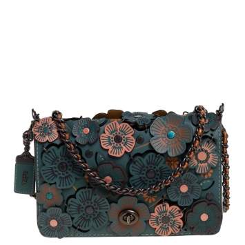 Pre Owned Coach Teal Green Tea Rose Applique Leather Dinky Chain Shoulder Bag