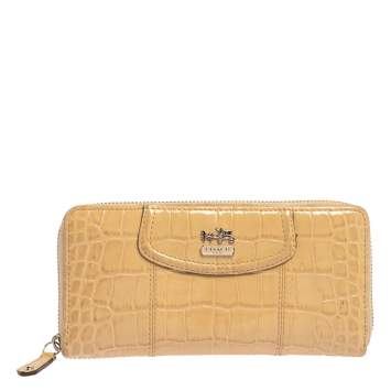 Pre Owned Coach Beige Croc Embossed Leather Zip Around Wallet