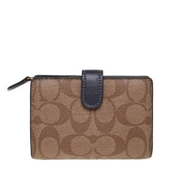 Pre Owned Coach Beige/Brown Coated Canvas and Leather Compact Wallet 