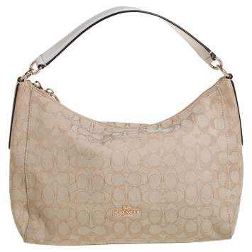Pre Owned Coach Beige Signature Canvas and Leather East West Celeste Hobo