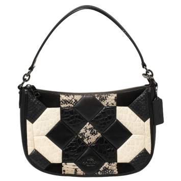 Pre Owned Coach Beige/Black Mixed Exotic Embossed Leather and Leather Chelsea Crossbody Bag