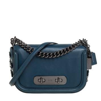 Pre Owned Coach Blue Leather Floral Applique Swagger Shoulder Bag