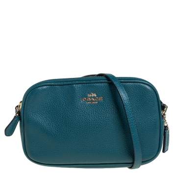 Pre Owned Coach Teal Pebbled Leather Double Zip Crossbody Bag