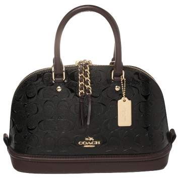 Pre Owned Coach Black/Dark Burgundy Signature Embossed Patent and Leather Mini Sierra Satchel