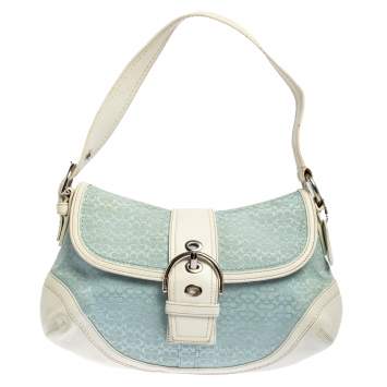 Pre Owned Coach White/Light Blue Signature Canvas and Leather Soho Baguette Bag