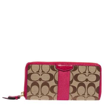 Pre Owned Coach Beige/Fuchsia Signature Canvas and Patent Leather Zip Around Wallet