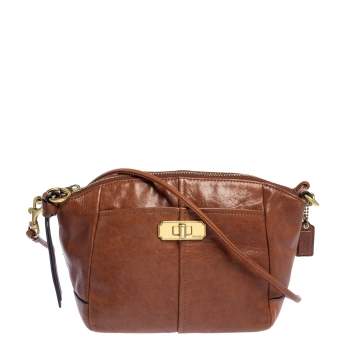 Pre Owned Coach Brown Leather Top Zip Crossbody Bag