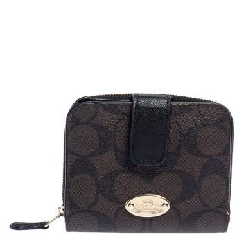 Pre Owned Coach Brown/Black Coated Canvas and Leather Compact Wallet