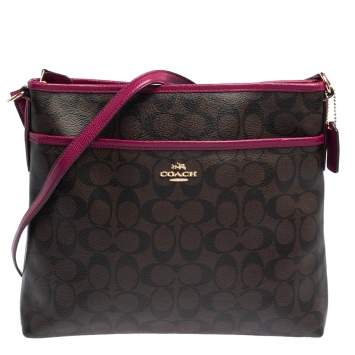 Pre Owned Coach Fuchsia/Brown Signature Coated Canvas and Leather Crossbody Bag 