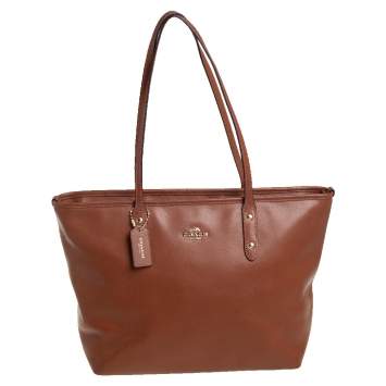 Pre Owned Coach Brown Leather City Zip Tote