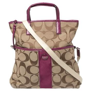 Pre Owned Coach Beige/Pink Canvas And Patent Leather Signature Stripe Foldover Tote 
