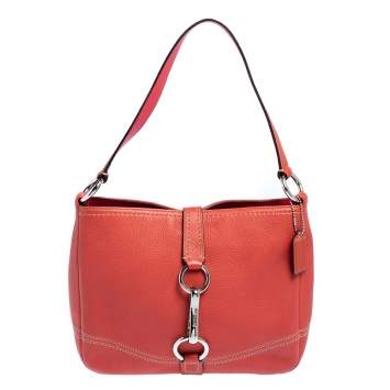 Pre Owned Coach Coral Red Leather Hampton Clip Lock Hobo
