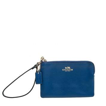 Pre Owned Coach Blue Leather Zip Wristlet Wallet