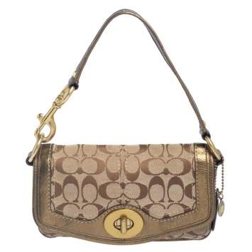 Pre Owned Coach Brown/Gold Leather And Monogram Canvas Shoulder Bag