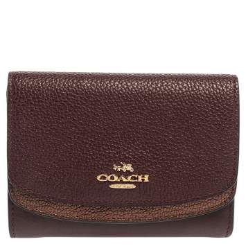 Pre Owned Coach Burgundy/Metallic Leather Trifold Wallet