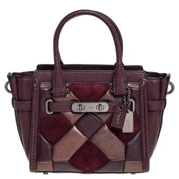 Pre Owned Coach Burgundy Leather and Suede Patchwork Swagger 20 Tote