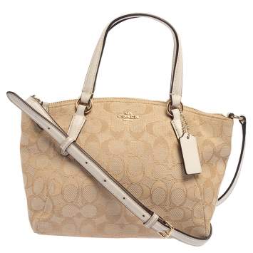 Pre Owned Coach Beige/White Signature Canvas and Leather MIni Kelsey Satchel