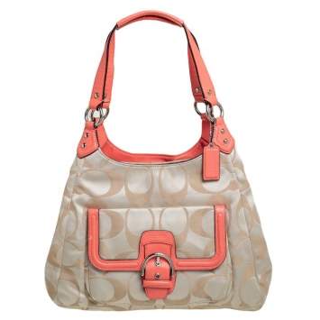 Pre Owned Coach Beige Signature Canvas And Leather Hobo