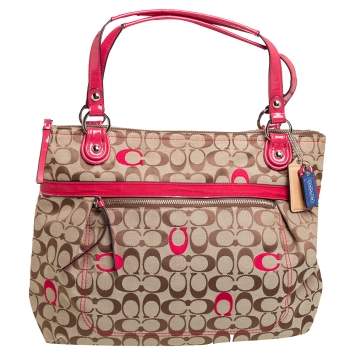 Pre Owned Coach Beige/Brown Signature Canvas and Patent Leather Poppy Tote