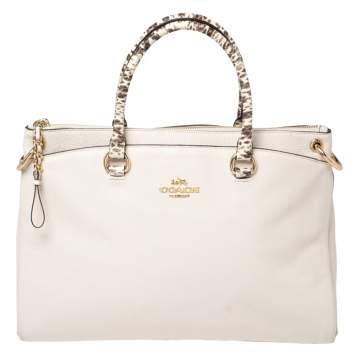 Pre Owned Coach White Leather and Snakeskin Effect Mia Satchel