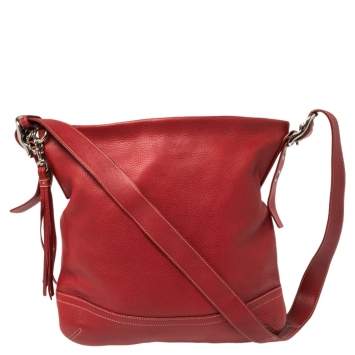 Pre Owned Coach Red Grained Leather Tassel Shoulder Bag