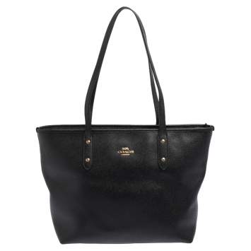 Pre Owned Coach Black Textured Leather Reversible City Tote