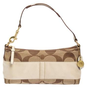 Pre Owned Coach Brown/Beige Signature Canvas and Leather Baguette