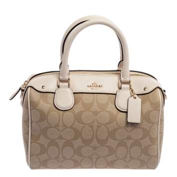 Pre Owned Coach Beige/Off White Signature Coated Canvas and Leather Mini Bennett Satchel