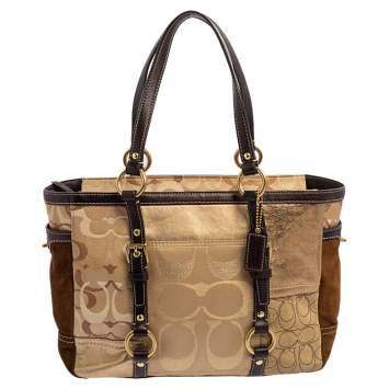 Pre Owned Coach Gold Signature Canvas, Suede and Leather Patchwork Tote