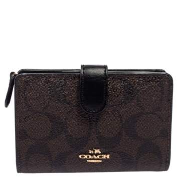 Pre Owned Coach Black/Brown Signature Coated Canvas Compact Wallet