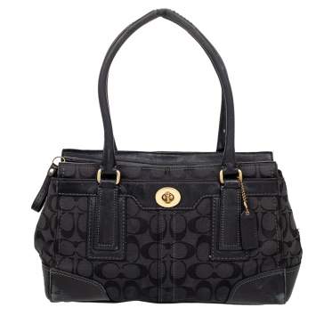 Pre Owned Coach Black Signature Canvas and Leather Turnlock Satchel
