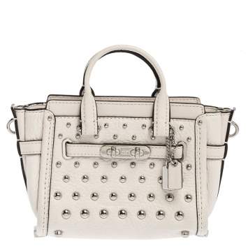 Pre Owned Coach White Leather Mini Swagger Studded Tote