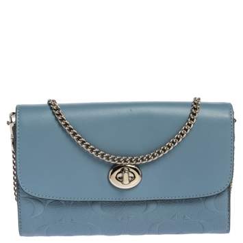 Pre Owned Coach Light Blue Leather Turn Lock Wallet on Chain 