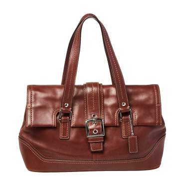 Pre Owned Coach Brown Leather Buckle Flap Satchel